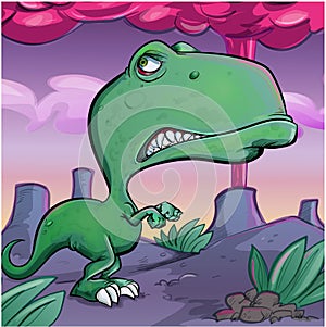 Tyrannosaurus Rex cartoon illustration with an exploding volcano in the background