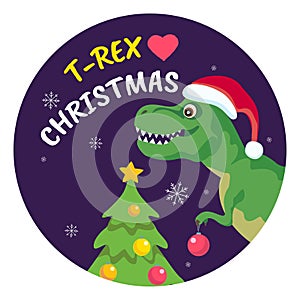 Tyrannosaurus Rex celebrates Christmas. Festive funny New Year greeting card. Cute smiling dinosaur in hat of Santa Claus
