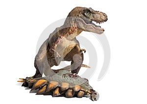 Tyrannosaurus rex with dead stegosaurus on white background