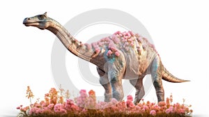 A tyrannosaurus rex dinosaur with flower on isolated white background