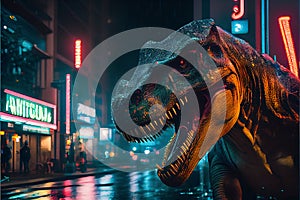 Tyrannosaurus Rex Dinosaur roaring in city at night