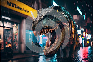 Tyrannosaurus Rex Dinosaur roaring in city at night