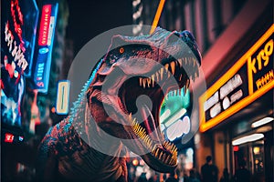 Tyrannosaurus Rex Dinosaur roaring in city at night