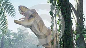 The Tyrannosaurus Rex dinosaur slowly creeps up on its prey in a thicket of green prehistoric jungle. View of the green