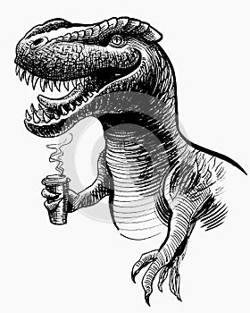 Tyrannosaurus Rex drinking a cup of coffee