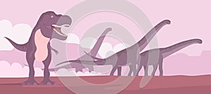 Tyrannosaurus rex hunts a herd of herbivorous sauropods