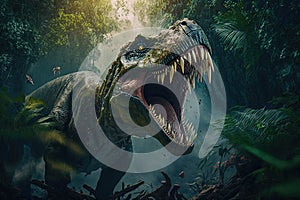 tyrannosaurus rex roaring and fighting other dinosaurs in prehistoric jungle