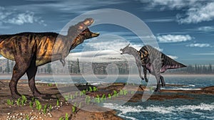 Tyrannosaurus rex and saurolophus dinosaurs - 3D photo