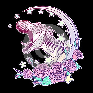 Tyrannosaurus roaring with moon and roses frame isolated on black