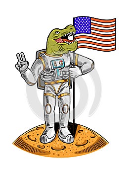 Tyrannosaurus in space suit on moon hold american usa flag