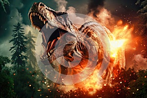 Tyrannosaurus T-rex ,dinosaur on smoke and fire background. Dinosaur in the ancient jungle. Primordial monster