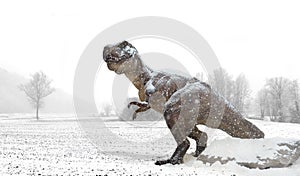 Tyrannosaurus under the snow in winter land