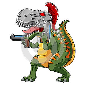 Tyrannosaurus wearing spartan helmet with two gun