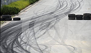 Tyre burnout marks on asphalt road