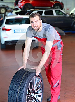 Tyre change on the car in a workshop by a mechanic