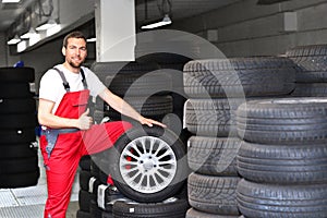 Tyre change on the car in a workshop by a mechanic