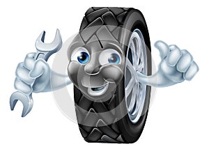 Tyre mascot character with spanner