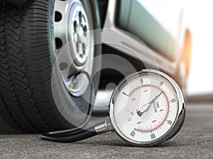 Tyre pressure gauge and car wheel. Inflation, inspection and measurement of wheel tyre