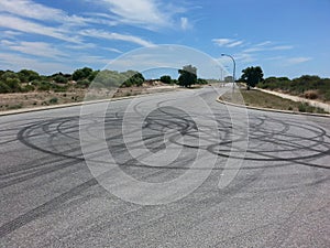 Tyre tire Skid marks on bitumen road