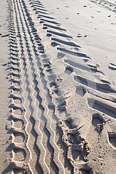 Tyre tracks in sand. Tractor tire tread imprint on beach.