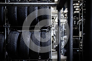 Tyres being stored in a garage