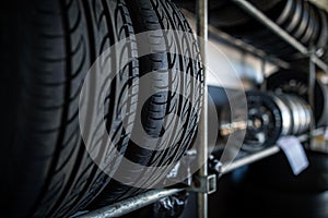 Tyres being stored in a garage photo