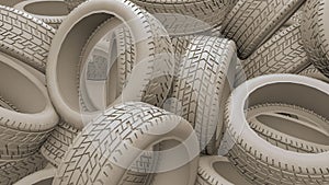 Tyres bulk background. Clay render tires piles on a garage or store. 3D illustration
