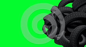 Tyres bulk on greenscreen isolated background. Black tires piles on a garage or store. 3D render illustration