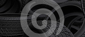 Tyres bulk header background. Black tires piles on a garage or store. 3D render illustration