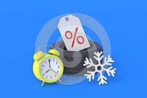 Tyres near snowflake, alarm clock and label with percent symbol