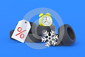 Tyres near snowflake, alarm clock and label with percent symbol