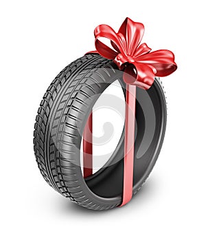 Tyres with a red ribbon. Present. 3D Icon isolated