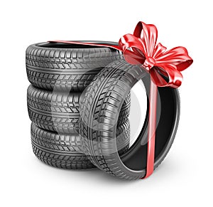 Tyres with a red ribbon. Present. 3D Icon