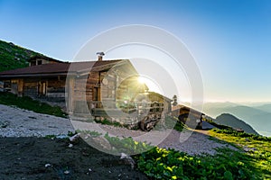 Tyrol morning sunrise over the hutte on the tiroler alpen photo