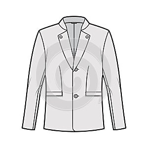 Tyrolean jacket tuxedo technical fashion illustration with long sleeves, stand lapel collar, welt pockets. Flat Austrian