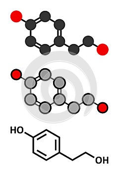 Tyrosol olive oil antioxidant molecule. Stylized 2D renderings and conventional skeletal formula.