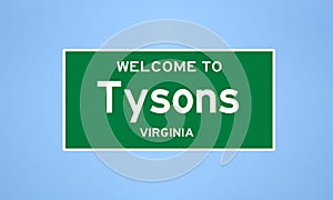 Tysons, Virginia city limit sign. Town sign from the USA.