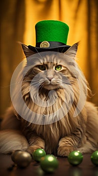 Tytu?: Happy St. Paddy's Day. St. Patrick's day banner with mainecoon cat, shamrock, hat