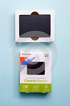 Tyumen, Russia-August 24, 2021: External hard drive produced by Toshiba canvio basics 2 tb.