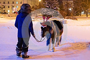 Tyumen, Russia - December 29, 2019: Man with little pony wearing red deer horns, Santa Claus red hat and Christmas decorations.