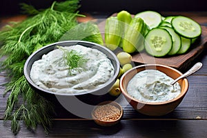 Tzatziki sauce with cucumber and dill on wooden background