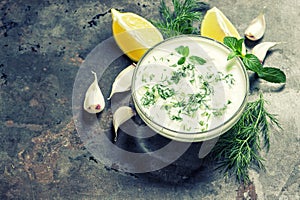 Tzatziki sauce Fresh dip Herbs dill mint yogurt vintage