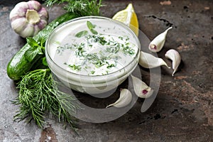 Tzatziki sauce ingredients cucumber, garlic, dill photo