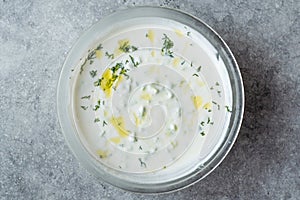 Tzatziki Sauce / Turkish Cacik Yogurt with Cucumber Slices and Olive Oil.