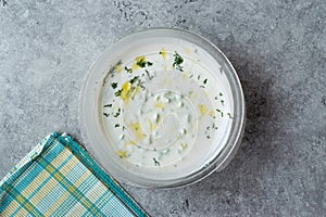 Tzatziki Sauce / Turkish Cacik Yogurt with Cucumber Slices and Olive Oil.