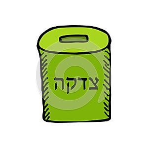 Tzedakah. green Box for . Doodle hand draw, sketch. Black silhouette. Hebrew letters. Hanukkah. Vector illustration.