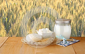 Tzfatit cheese , cottage and milk on wooden table over wheat field at sunrise sun burst background. jewish holiday Shavuot conc