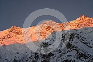 TÃ¤schhorn, Dom and SÃ¼dlenz in the Mischabel Mountain Range in the Alps at Sunrise, Saas-Fee, Switzerland photo