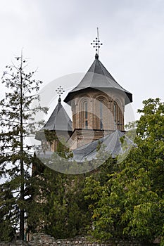 TÃ¢rgoviÈ™te castle, tower. Vlad the Impaler, Dracula`s old capital.  Cloudy sky. Romania