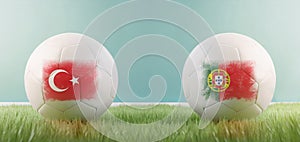 TÃ¼rkiye vs Portugal football match infographic template for Euro 2024 matchday scoreline announcement. Two soccer balls with